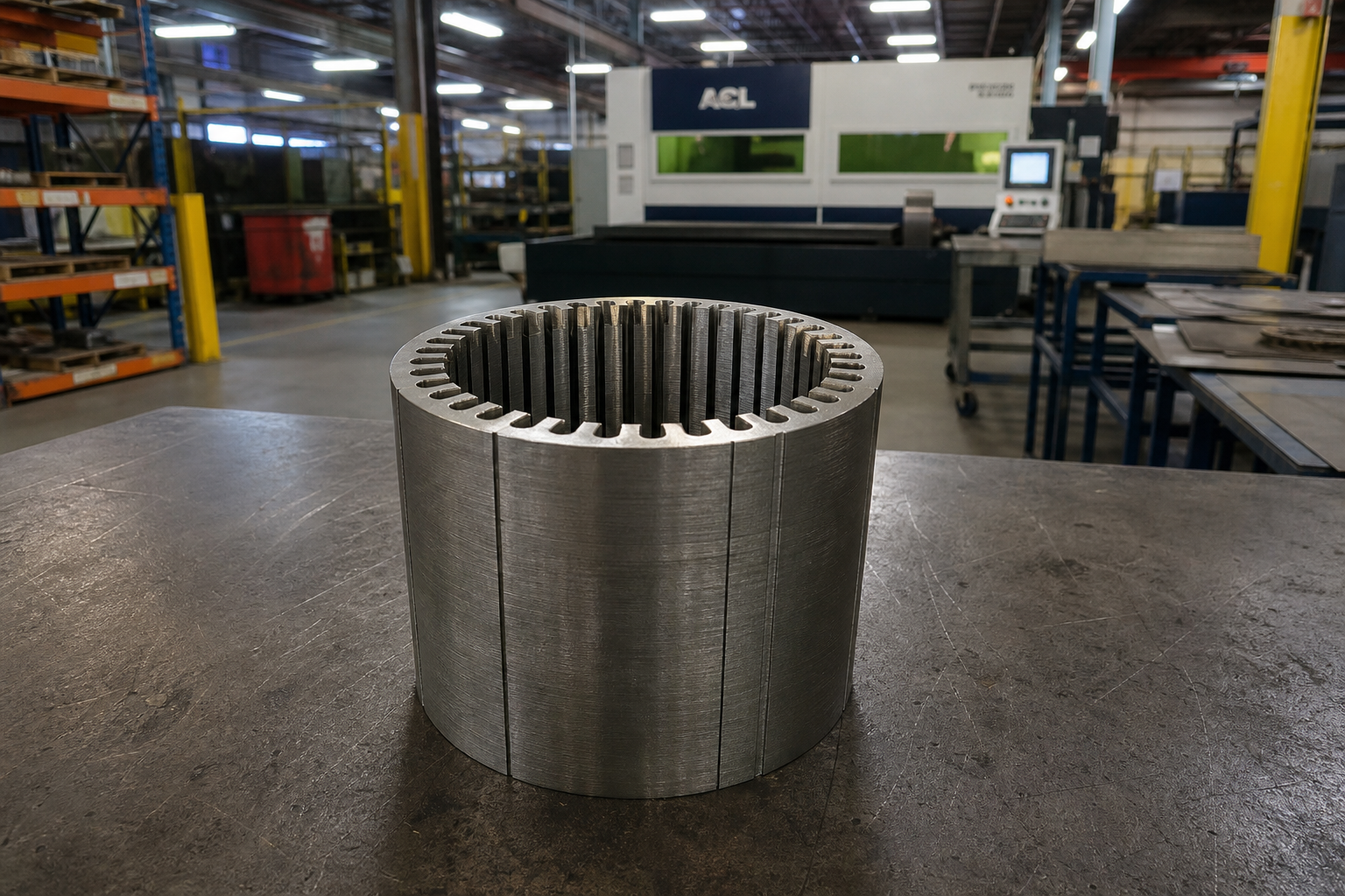 Cinematic close-up of a stacked stator core finished by Andes Magnetics